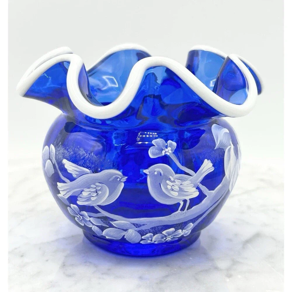 Fenton Cobalt Blue Snow Crest Rose Bowl Birds & Flowers Signed & Handpainted